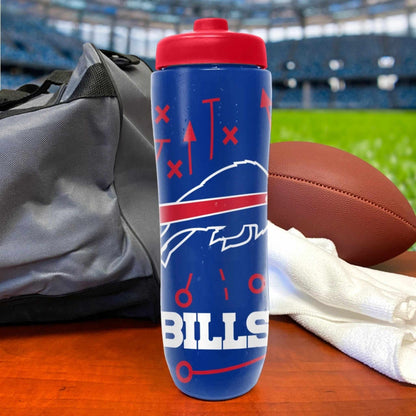 Buffalo Bills logo blue and red squeezy plastic water bottle standing on football field background.