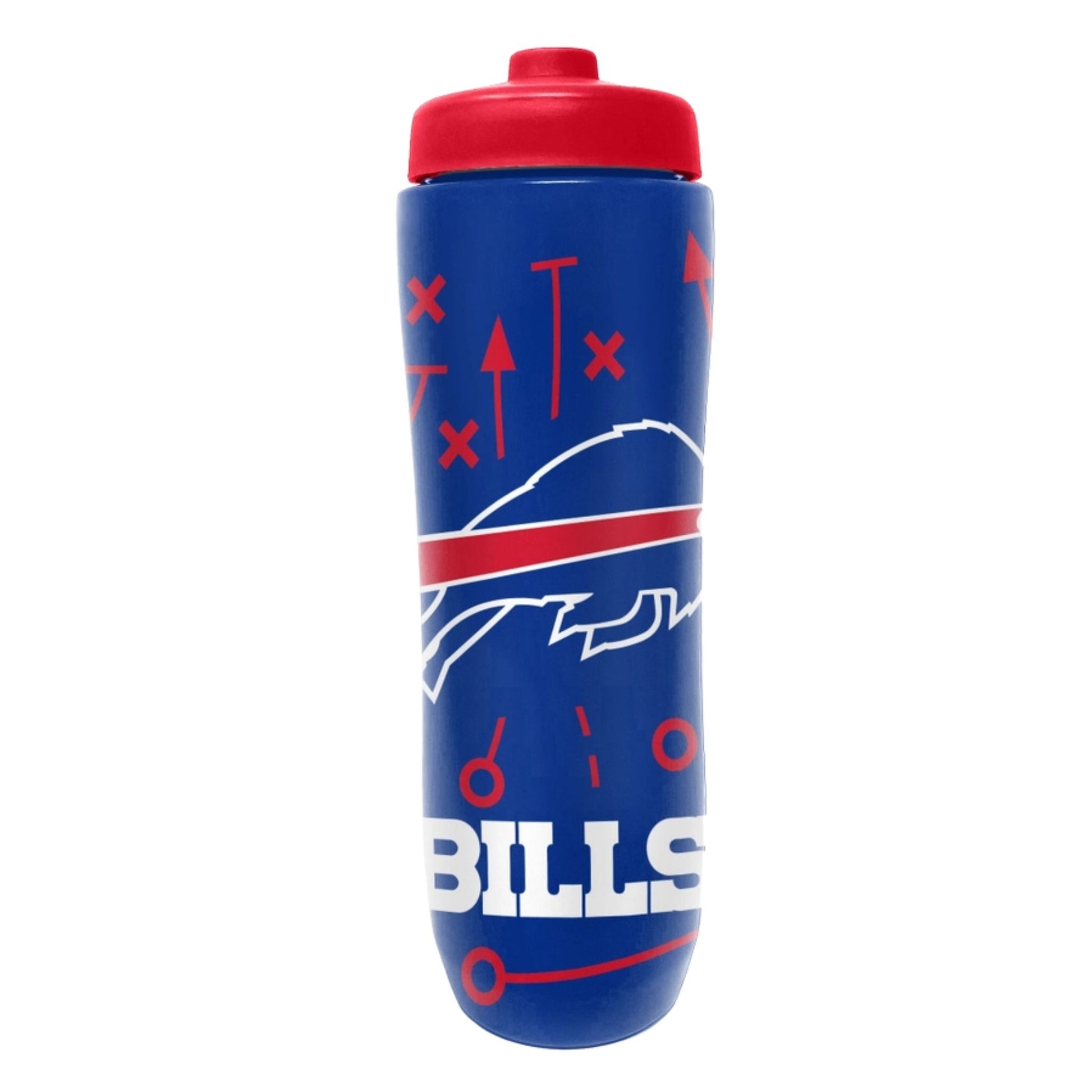 NFL Buffalo Bills logo plastic water bottle in blue and red standing on a white background.