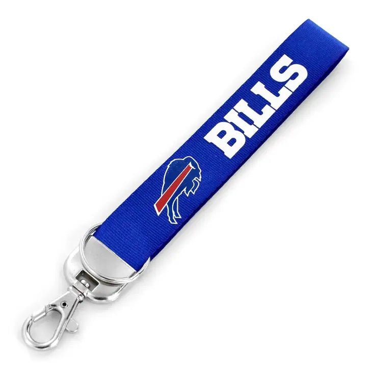 Buffalo Bills deluxe wristlet keychain in royal blue with Bills wordmark and logo, metal keyring and lobster clasp.