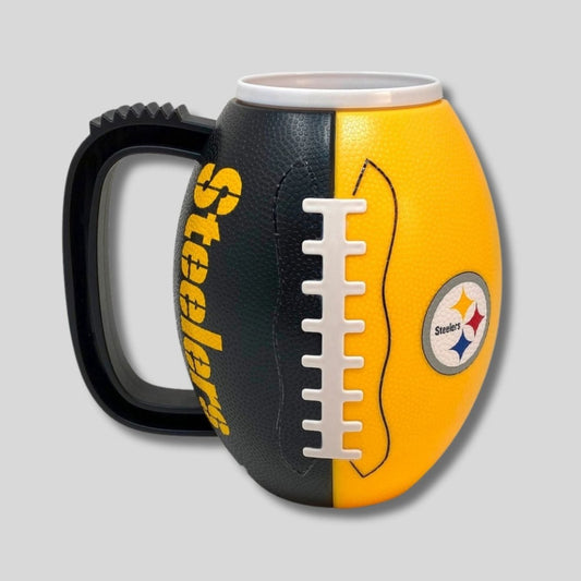 Football-shaped mug with black and yellow design, featuring a logo on a gray background