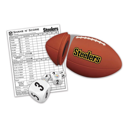 Pittsburgh Steelers Shake N' Score Dice Game with plastic logo football that opens to use as shaker for dice, logo number dice, and score pad.