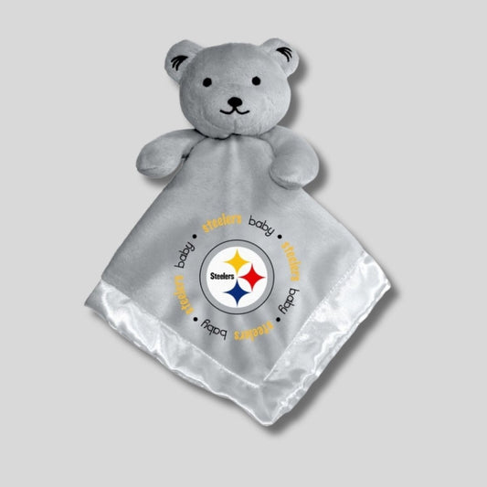 Gray teddy bear security blanket with Pittsburgh Steelers logo on a light gray background. Little Gift Nook