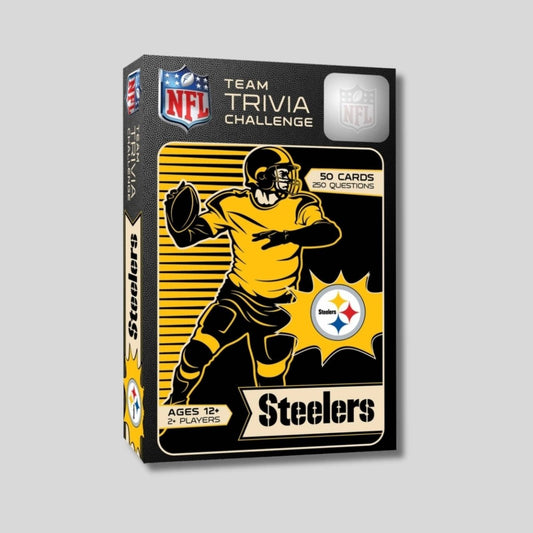 NFL Pittsburgh Steelers Team Trivia Challenge 50 cards 250 questions in box on gray background. Little Gift Nook