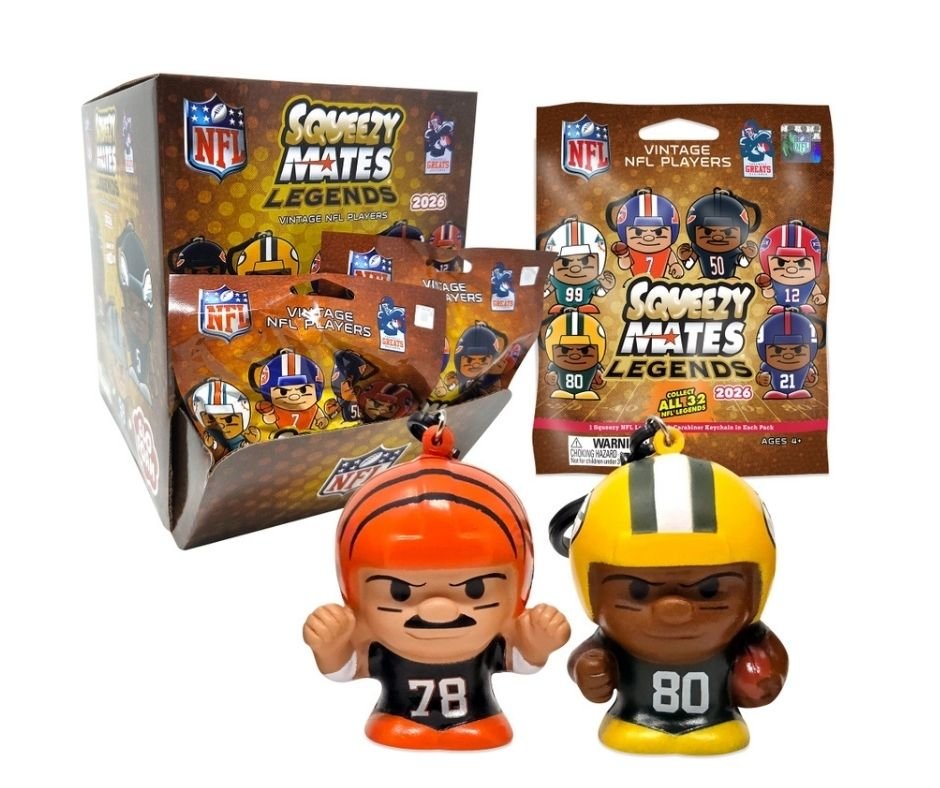NFL 2026 SqueezyMates Legends mysery bags with 2 possible collectible players all on white background. 