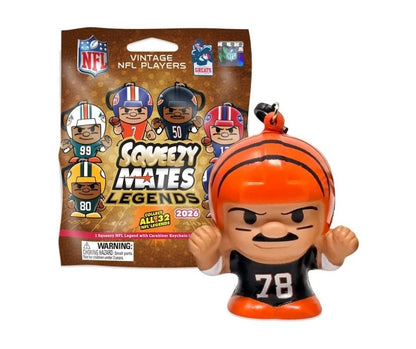 NFL SqueezyMates 2026 Legends collectible mystery football player figures. Package and random player shown on white background.