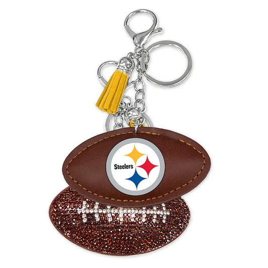 NFL Pittsburgh Steelers Rhinestone Puff Keychain - 3" soft faux leather logo bling keychain with metal keyring, claw clip, and yellow tassel. - Little Gift Nook