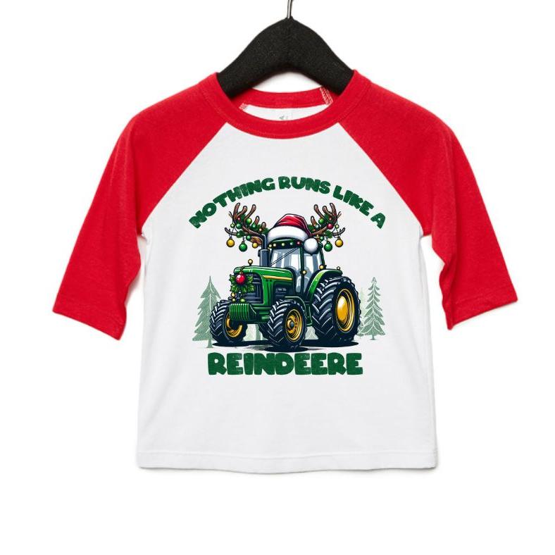 Toddler red sleeve white baseball style tshirt with green reindeer tractor and "Nothing runs like a Reindeer" on front
