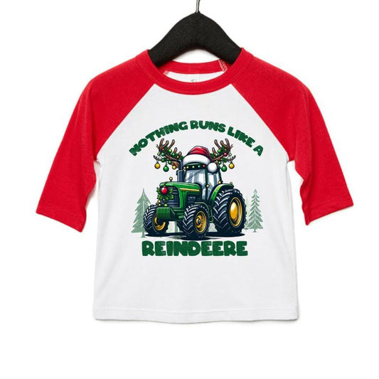 Toddler red sleeve white baseball style tshirt with green reindeer tractor and "Nothing runs like a Reindeer" on front
