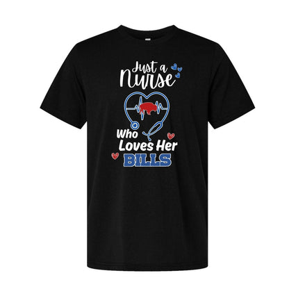 black tshirt with white red and blue text "Just a nurse who loves her BILLS" and stethoscope with red buffalo in center of heartbeat. Shirt is laying on white background. 