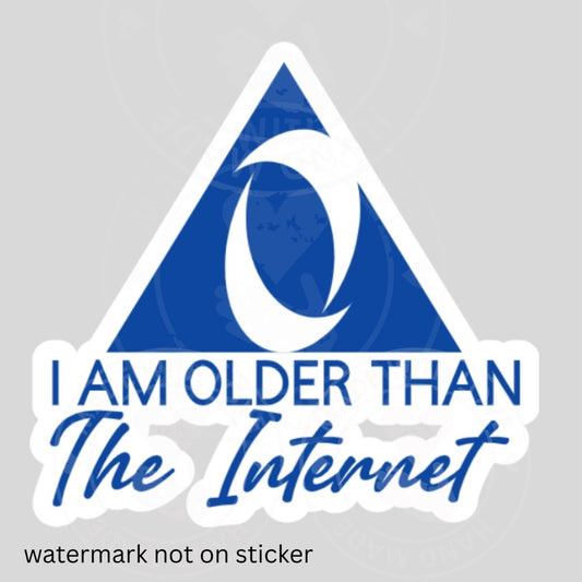 Sticker with 'I AM OLDER THAN The Internet' blue and white sticker on a gray background. Little Gift Nook