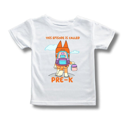 Kids white t-shirt with orange dog facing away carrying a backpack and lunchbox and text "This episode is called Pre-K" laying on a white background.