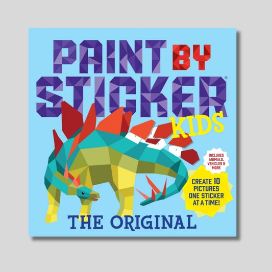Cover of 'Paint by Sticker Kids' book with a colorful dinosaur illustration on a blue book on gray background.