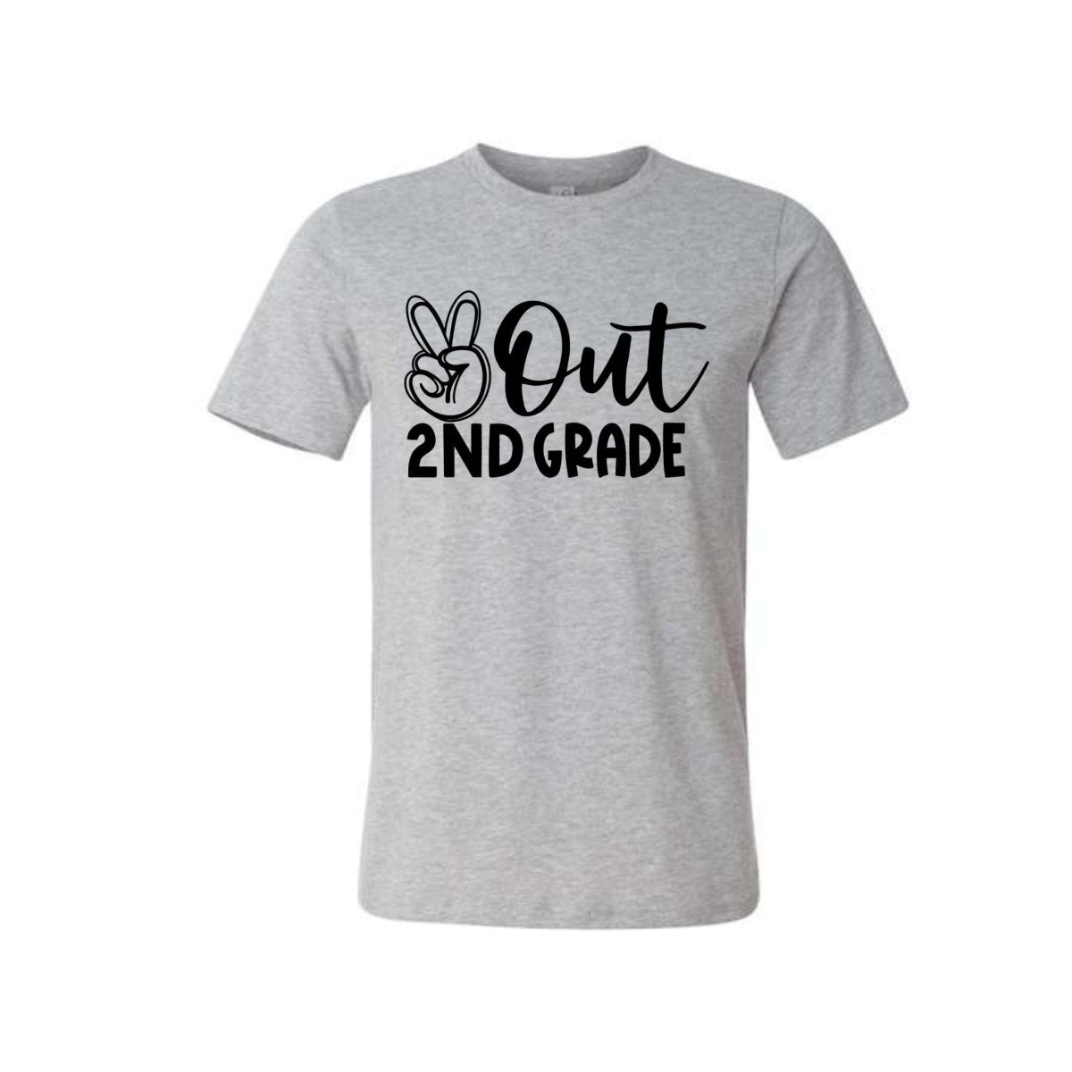 gray tshirt with Peace out 2nd Grade in black text and peace sign image - Little Gift Nook