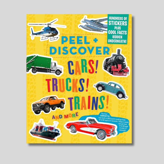 Peel & Discover cars, trucks, and trains sticker activity book in yellow on a light gray background. 