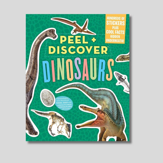 Peel & Discover Dinosaurs Sticker Book with green cover on a light gray background. Little Gift Nook