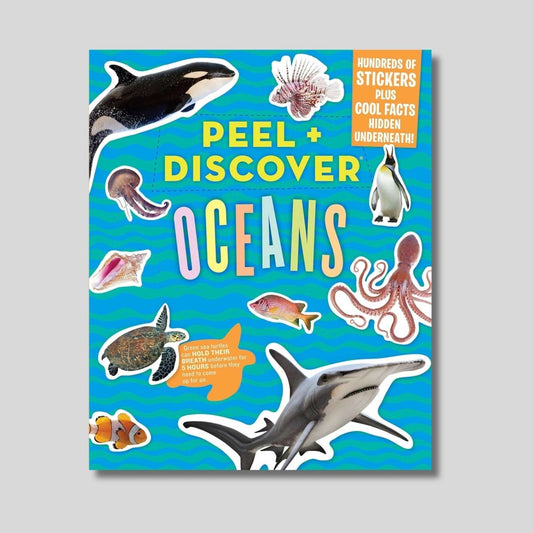 Peel & Discover Oceans activity sticker book with blue cover on a light gray background. Little Gift Nook