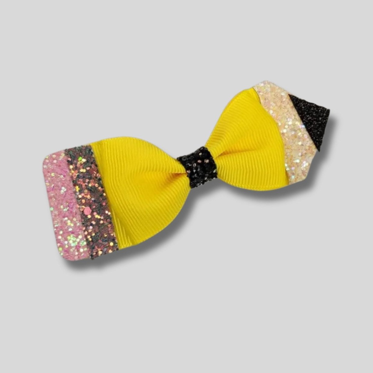 Pencil Glitter Hair Bow 3.5" Clip. Yellow glitter pencil theme hair bow.- Little Gift Nook