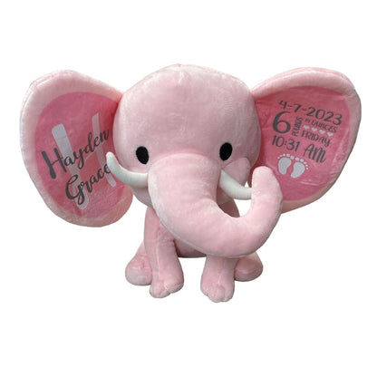 Pink Elephant Plush Personalized Baby name and birth stats sitting on white background. Little Gift Nook.