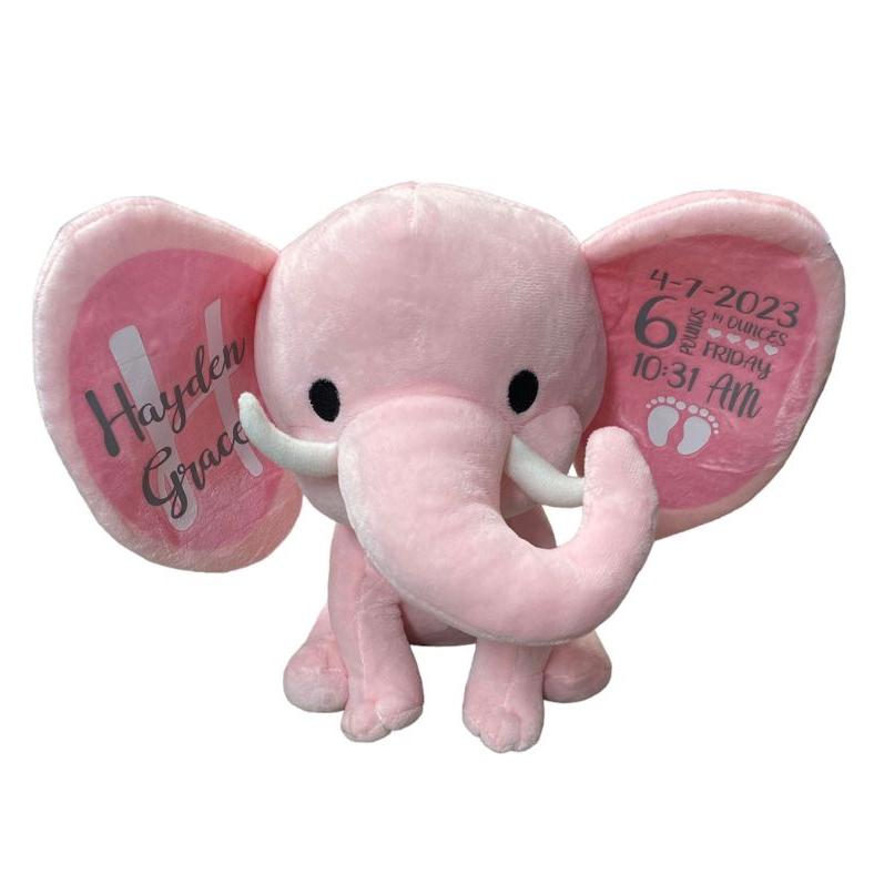 Pink Elephant Plush Personalized Baby name and birth stats sitting on white background. Little Gift Nook.
