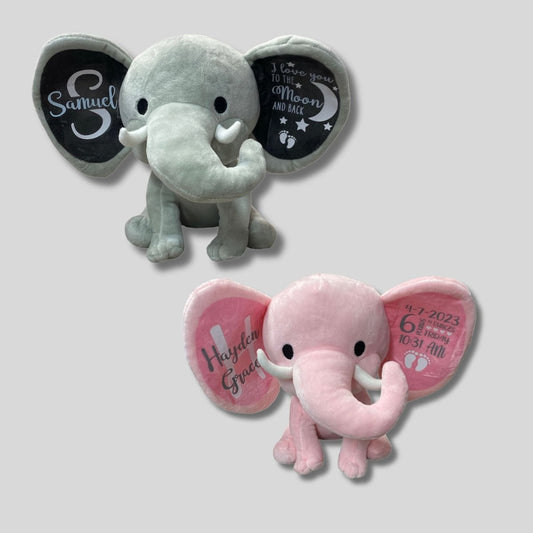 Gray or Pink Custom plush elephant baby gift on gray background - Little Gift Nook