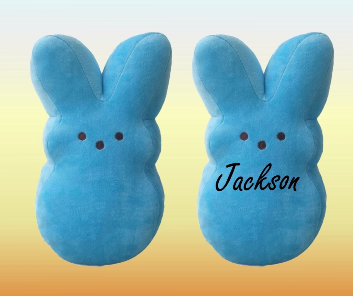Plush Easter Peep Bunny in blue. 10" Tall. Personalize it with child's name or leave blank. Matte or Glitter lettering available. Little Gift Nook.