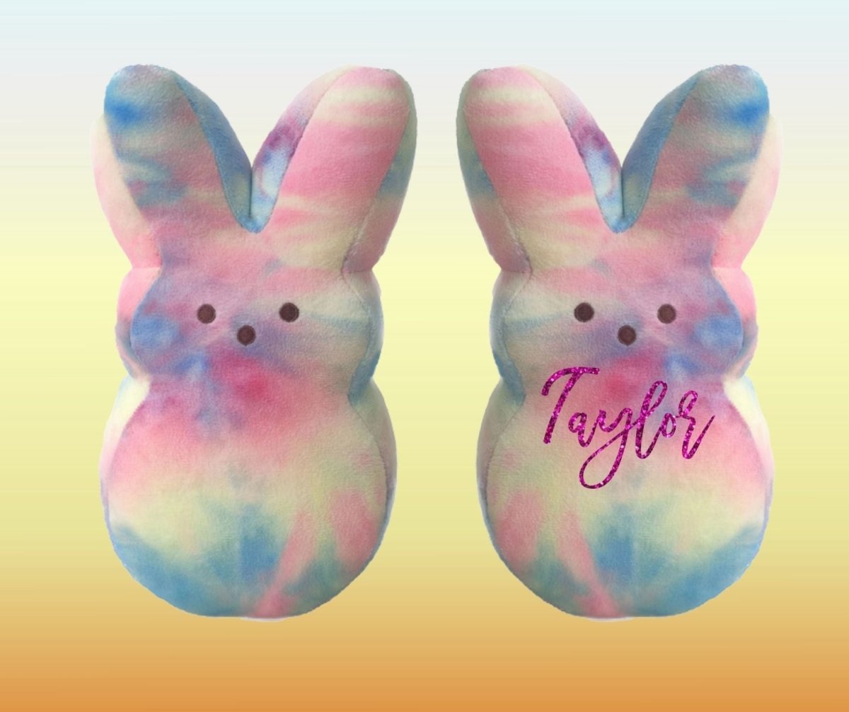 Personalize Easter Peep Plush Bunny in blue pink tie dye color. 10" Tall. Personalize it with child's name or leave blank. Matte or Glitter lettering available. Little Gift Nook.
