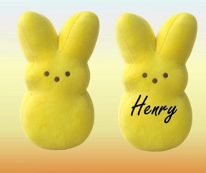 Personalize Easter Plush Peep in yellow. 10" Tall. Personalize it with child's name or leave blank. Matte or Glitter lettering available. Little Gift Nook.