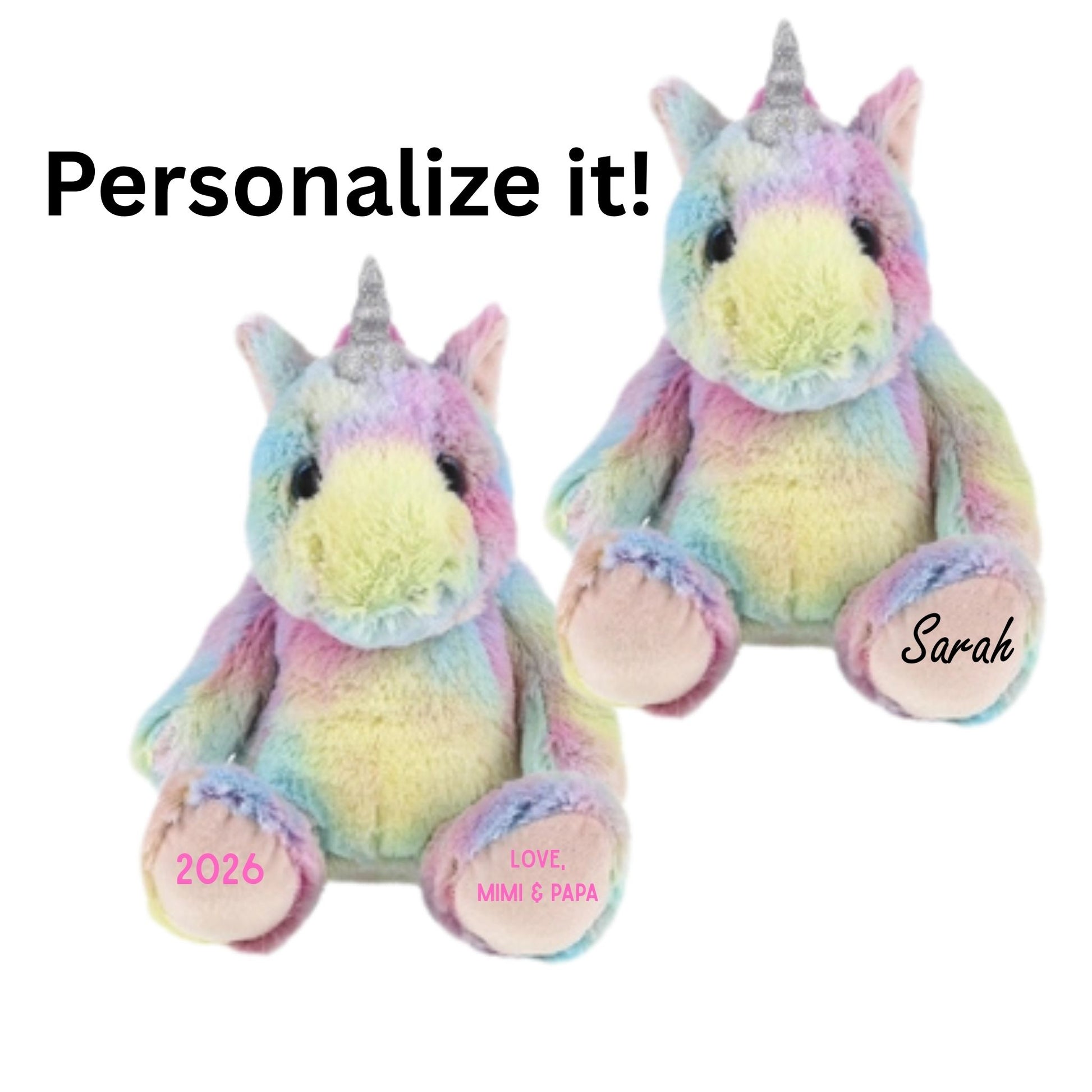 Personalized rainbow unicorn plush with custom name on foot