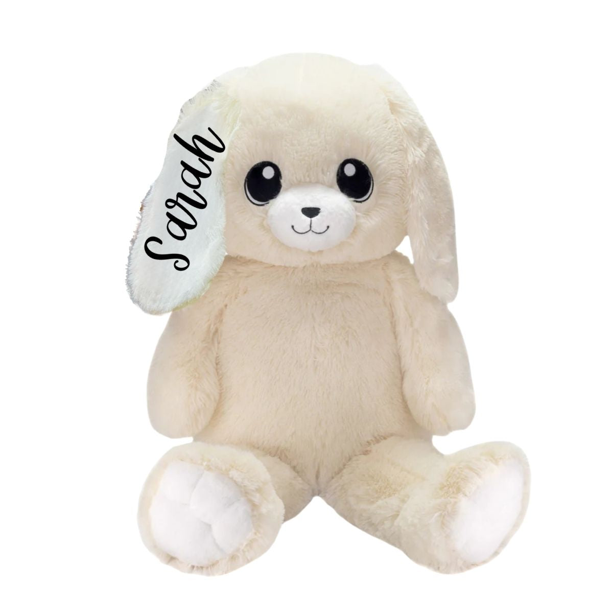 White 16" plush stuffed bunny with personalized name on ear sitting on white background. Little Gift Nook
