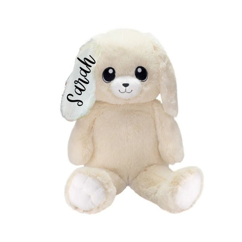 White 16" plush stuffed bunny with personalized name on ear sitting on white background. Little Gift Nook