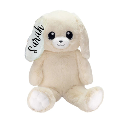 White 16" plush stuffed bunny with personalized name on ear sitting on white background. Little Gift Nook