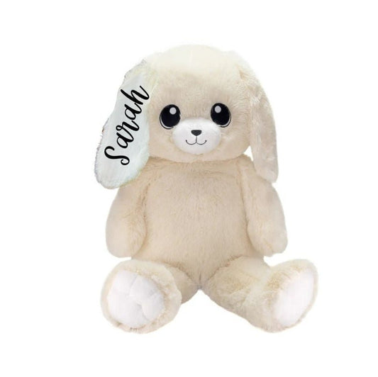 White 16" plush stuffed bunny with personalized name on ear sitting on white background. Little Gift Nook