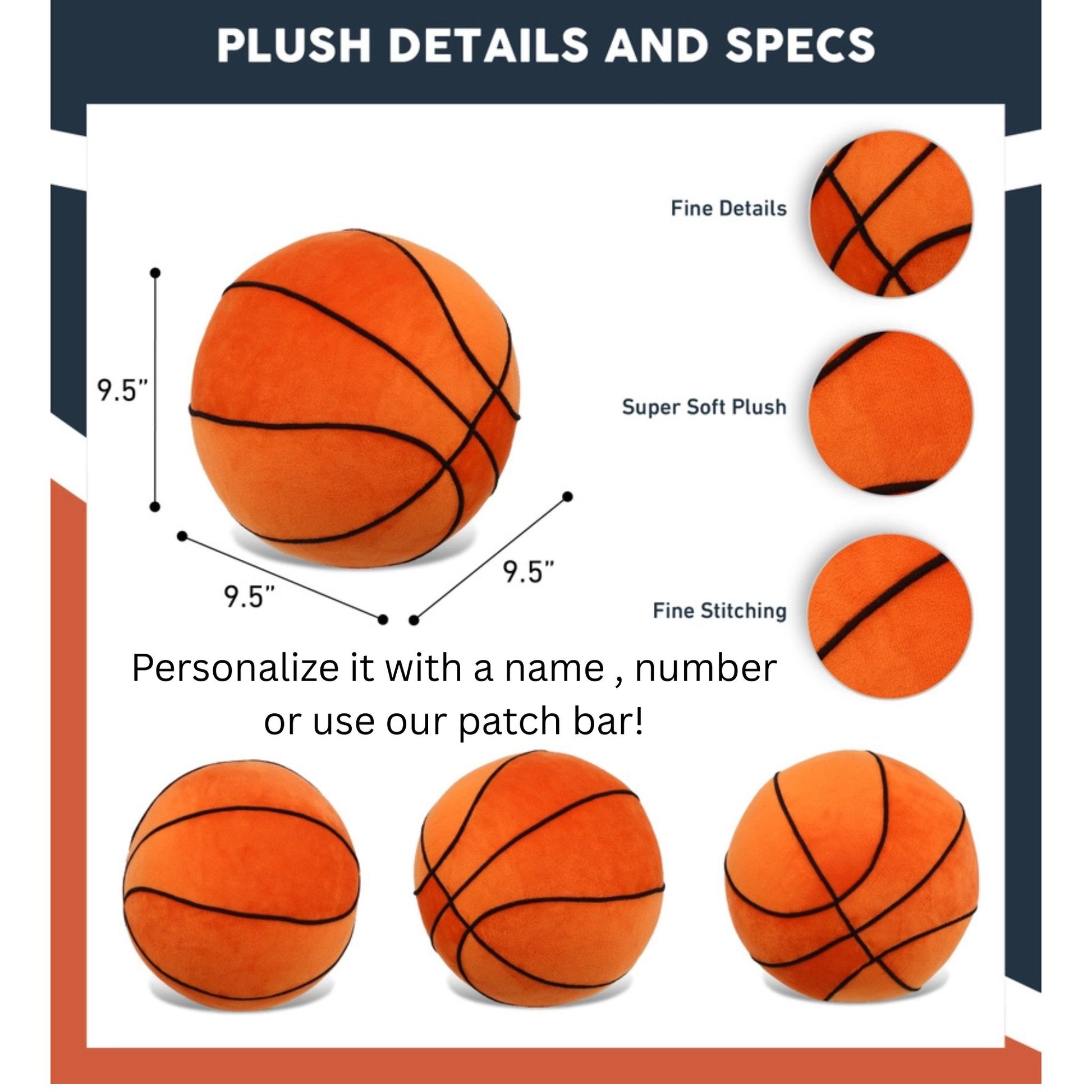 Soft Plush 9.5" basketball size and product details.