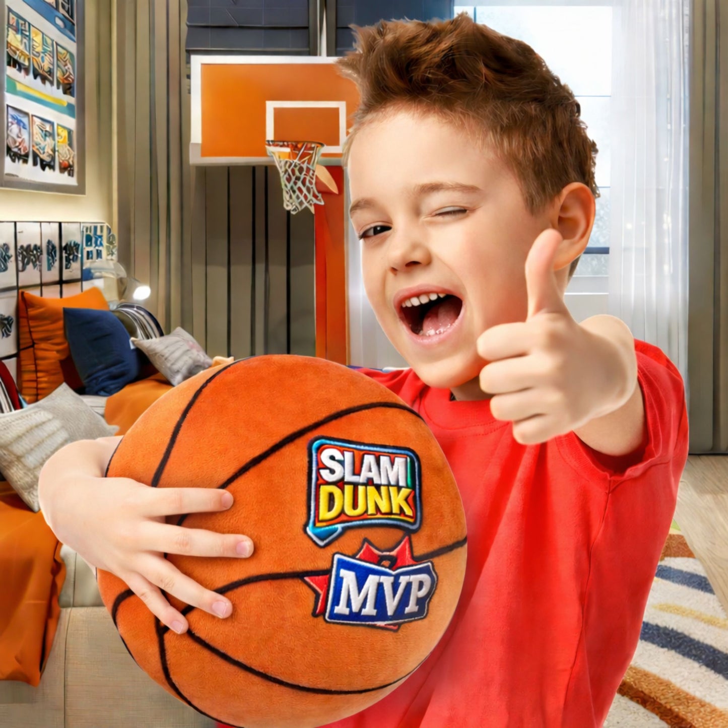 Child holding soft plush basketball with iron on patches on front "slam dunk" "MVP" in a sports theme bedroom.