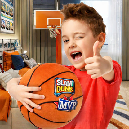 Child holding soft plush basketball with iron on patches on front "slam dunk" "MVP" in a sports theme bedroom.