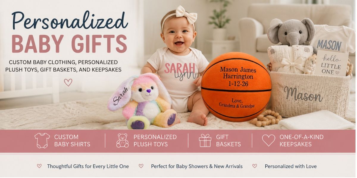 A promotional banner for personalized baby gifts featuring a smiling baby in a white outfit sitting on a cream sofa, surrounded by plush toys, a personalized orange basketball, and a gift basket. The top text reads 'Personalized Baby Gifts' with additional descriptive copy, and a pink footer lists service categories.