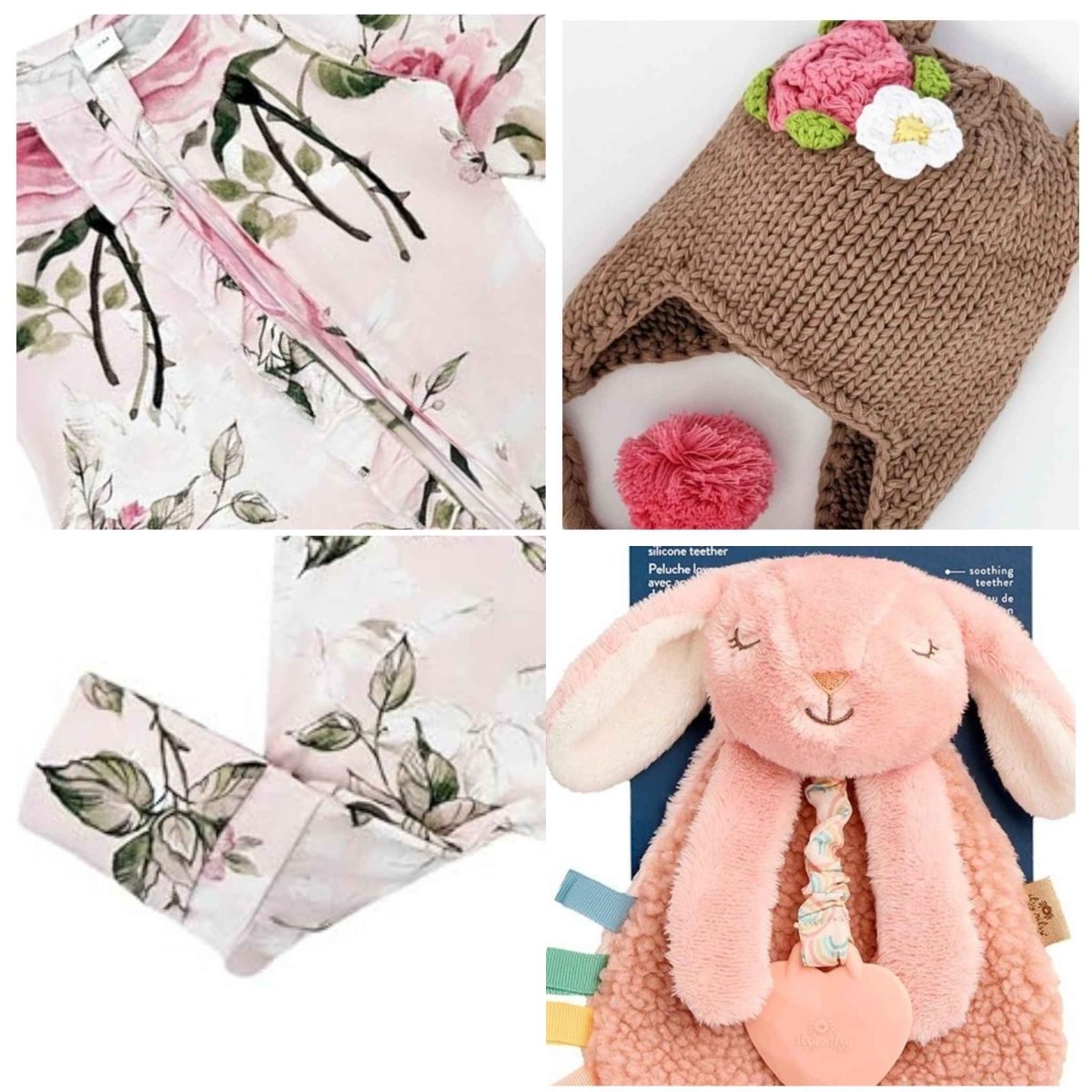 Collage of baby items including a floral-patterned sleeper, knitted hat with pom-poms, and plush toy. Little Gift Nook