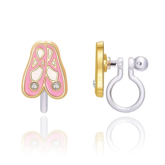 Pink ballet slipper earrings with gold accent Hypoallergenic clip on  on a white background. Little Gift Nook
