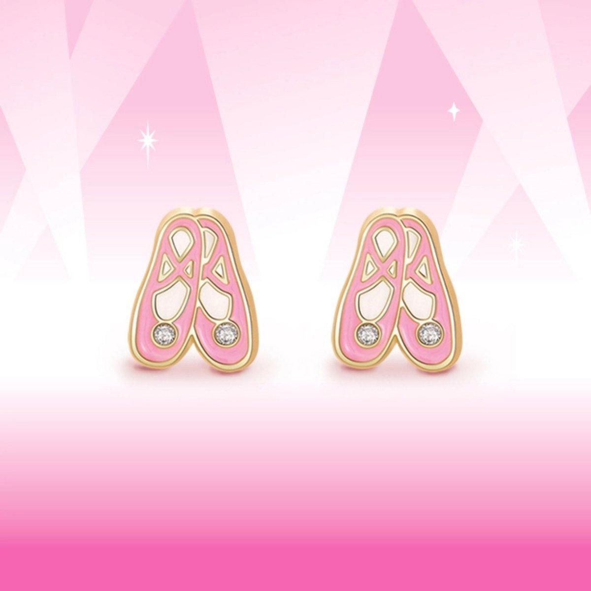 Pink ballet slipper earrings with gold and gem accents with Hypoallergenic posts  on a pink background. Little Gift Nook