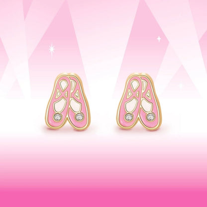 Pink ballet slipper earrings with gold and gem accents with Hypoallergenic posts  on a pink background. Little Gift Nook
