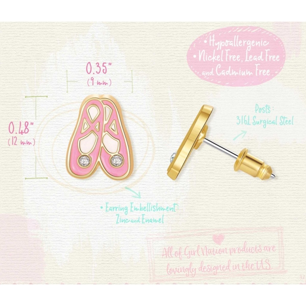 Pink ballet slipper earring with gold accents on a light background with product details.
