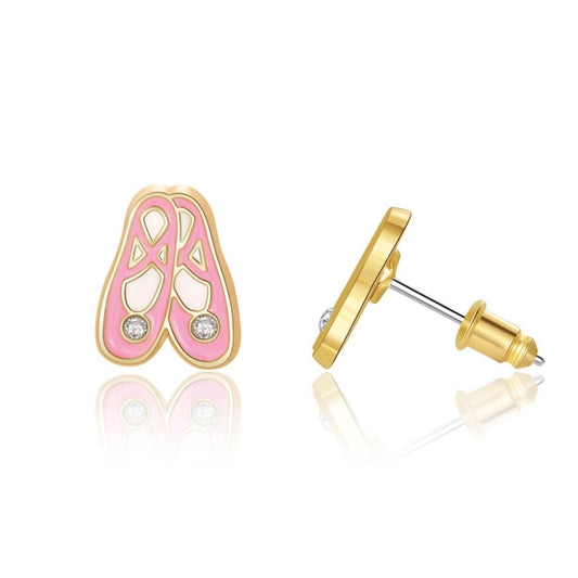 Pink ballet slipper earrings with gold accent Hypoallergenic posts  on a white background. Little Gift Nook