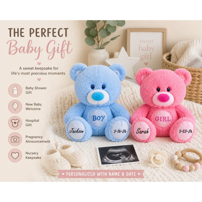 Two teddy bears, one blue and one pink, with personalized names and dates on a soft surface.