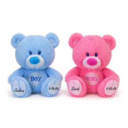 Two teddy bears, one blue labeled 'Boy' and one pink labeled 'Girl', and personalized names and dates on feet on a white background.