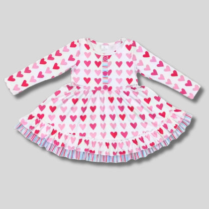 Pink Blue Hearts Ruffle Twirl Dress.  Dress with pink heart background.  Cotton/Spandex blend 2 pink heart print dress with blue striped accents & ruffle hem.  Pull on/ off.  Buttery soft & Stretchy.  Little Gift Nook.