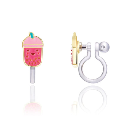 Pink happy face boba tea clip on earrings with silicone hoop backs sitting on white background. Little Gift Nook