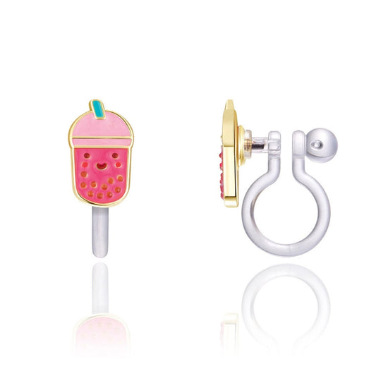 Pink happy face boba tea clip on earrings with silicone hoop backs sitting on white background. Little Gift Nook