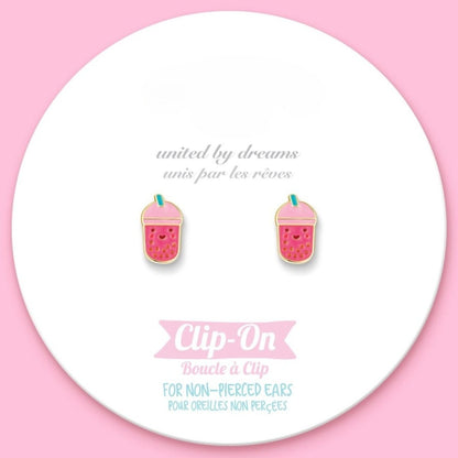 Clip-on earrings with pink and blue boab tea design on a white circular card with text.
