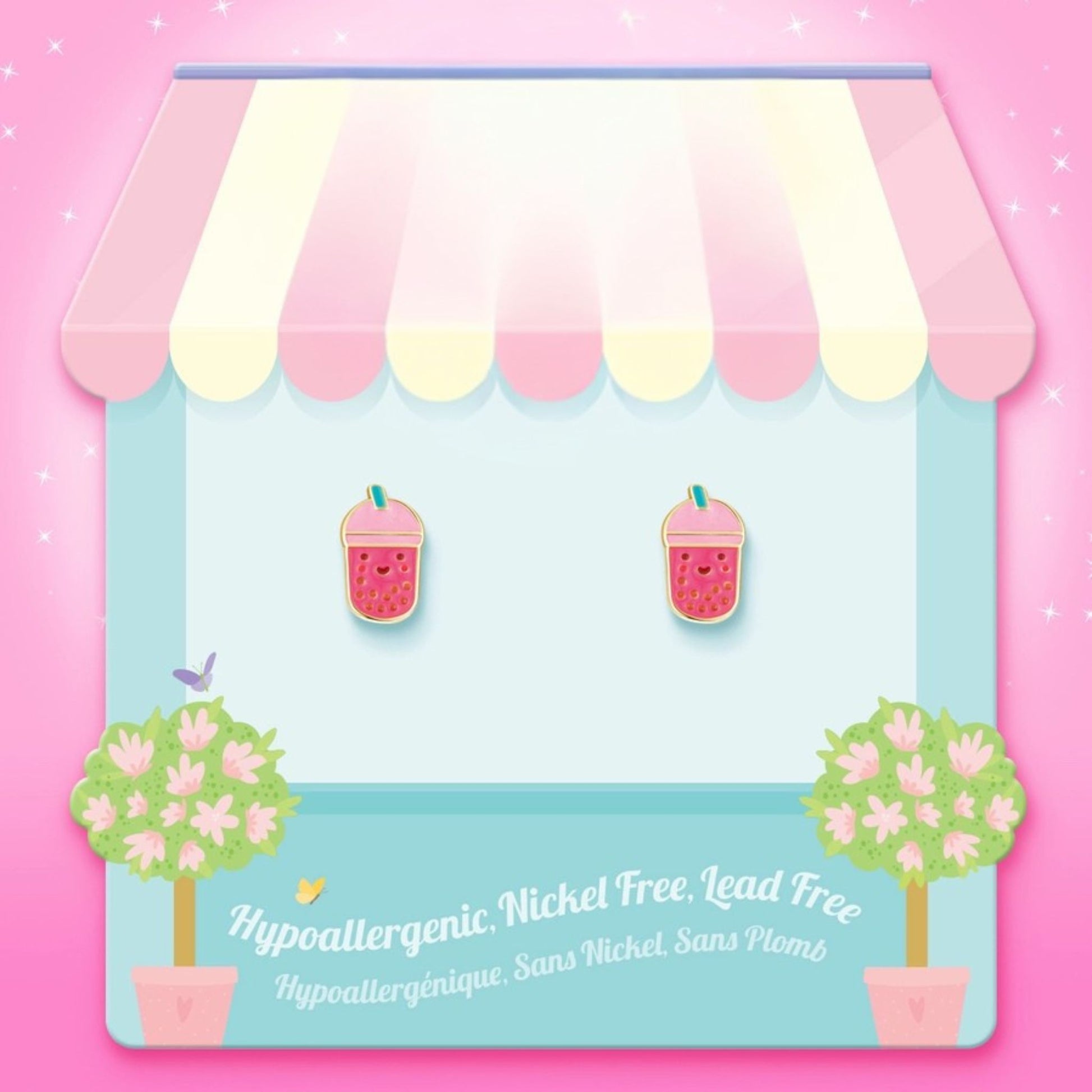 Pink happy face blue straw boba tea stud earrings on blue card to look like canopy food stand. Little Gift Nook.