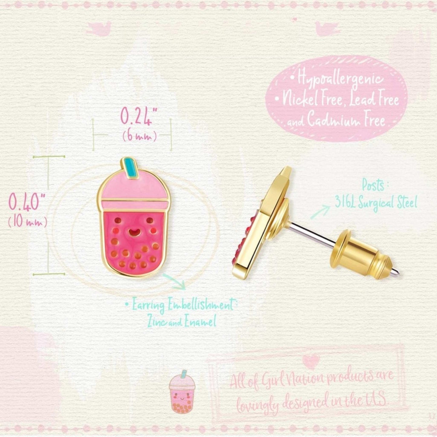 Pink happy face blue straw boba tea stud pierced earrings with surgical steel posts on cream background with information. 